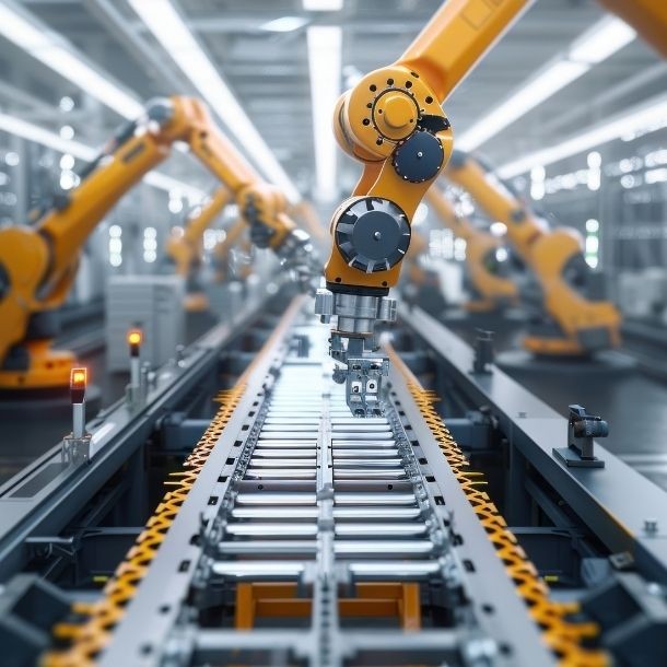 Futuristic Robotic Assembly Line in Factory